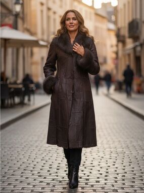 Moncada Sheepskin Fox Fur Patchwork Long Coat Brown Size Medium